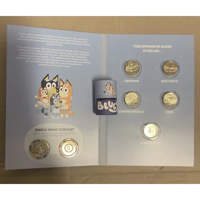 2026 Bluey $2 Full Set 7 Coins - 5 In OPENED tube & 2 coloured Till coins 