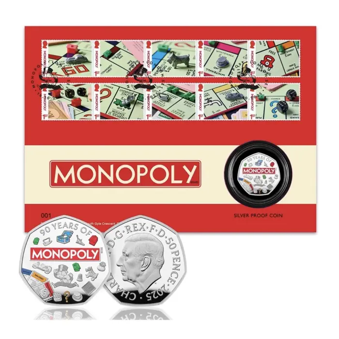 Monopoly Silver Proof 50p Coin and Stamps Cover  low Mintage of 067 of 1,000