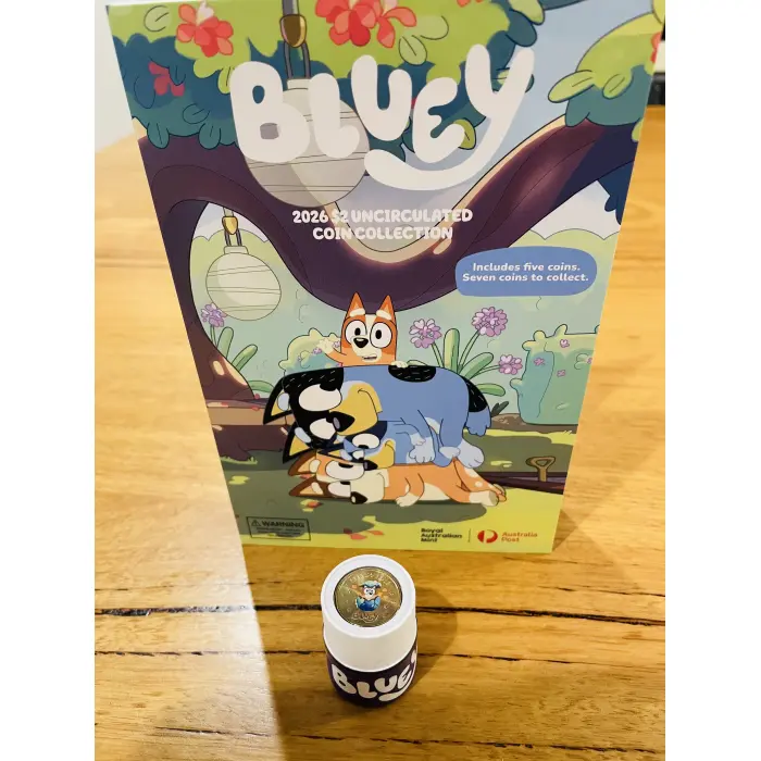 2026 Bluey Folder and Tube with the Rare COLOURED SLEEPYTIME $2 Coin