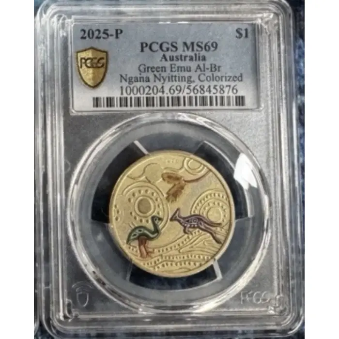 2025-P $1 One Dollar Ngana Nyitting Green Emu PCGS Graded MS69 Coloured Coin