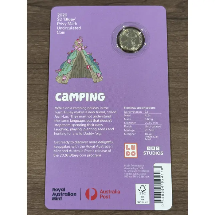 Bluey 2026 $2 Coin in Card with Privy Mark – Camping