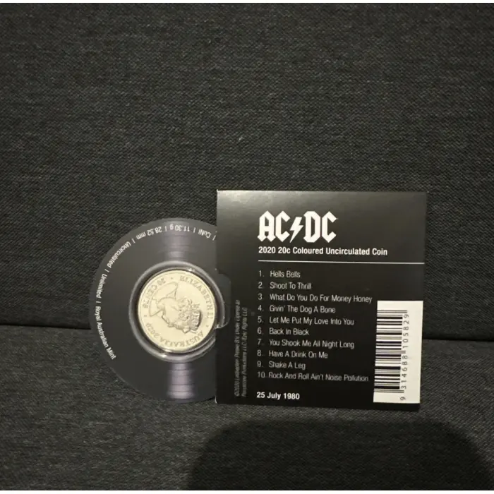 2020 AC/DC Back in Black 20c Coloured Coin In Album Sleeve card
