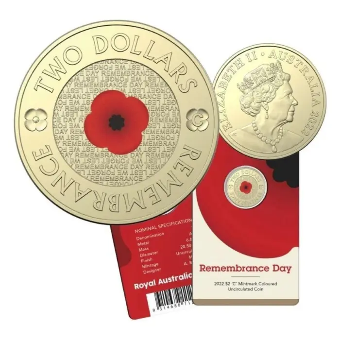 2022 Remembrance Day $2 'C' Mintmark Coloured Uncirculated Coin Card