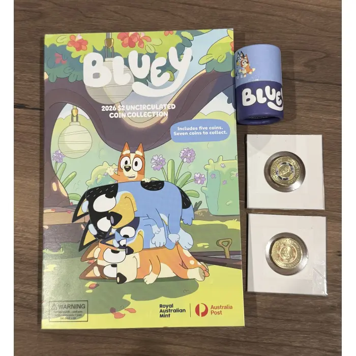 2026 Bluey $2 UNC Collector Folder with unsealed tube, + 2 coloured till coins