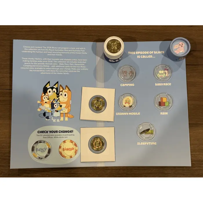 2026 Bluey $2 UNC Collector Folder with unsealed tube, + 2 coloured till coins