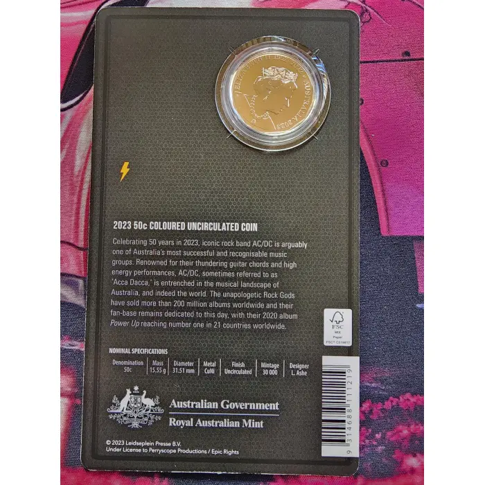2023 RAM ACDC 50th Anniversary 50c coloured UNC coin on Card