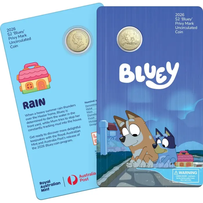 Bluey - Rain - 2026 Privy Mark Coin in Card $2 Bingo Blue Australia RAIN