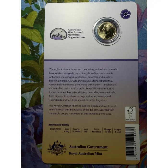 2024 $2 'C' Mintmark War Animals Coloured Uncirculated Coin Card