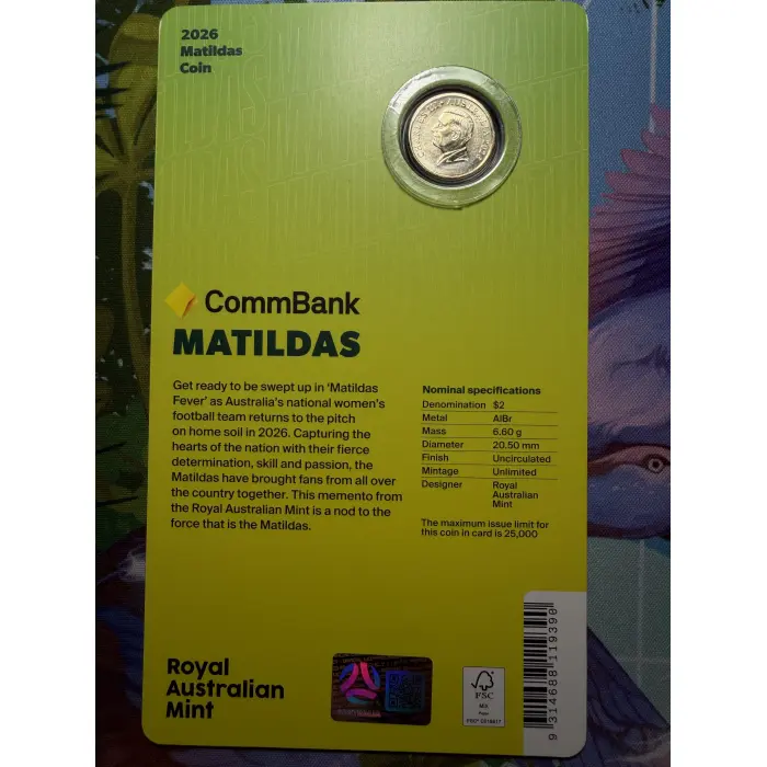 2026 Matildas $2 Coloured Uncirculated Coin Card