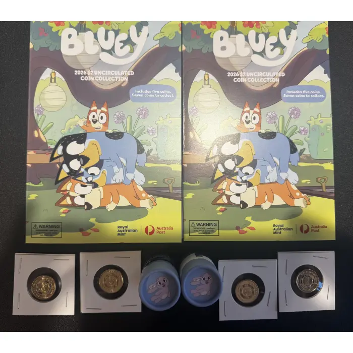 2 X Bluey 2026 Folder Tube Set + Till Coins, 1 Sealed Tube And One Opened