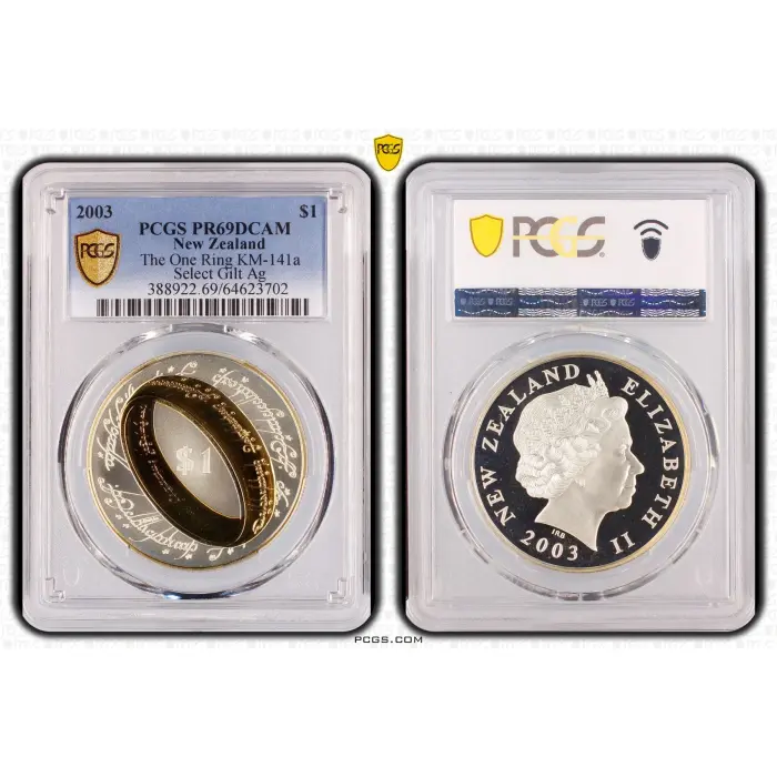 2003 $1 Lord Of The Rings Gold Plated Silver Proof NZ Coin Graded PCGS PR69DCAM