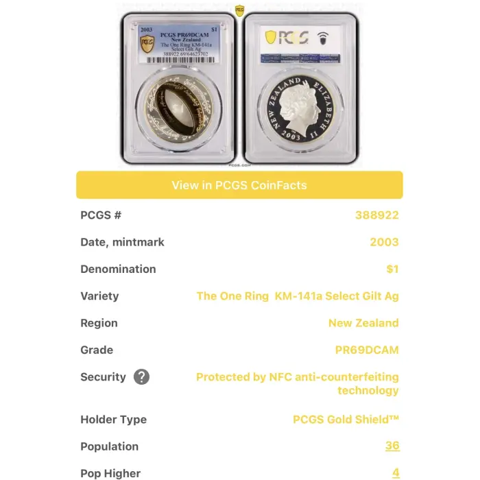 2003 $1 Lord Of The Rings Gold Plated Silver Proof NZ Coin Graded PCGS PR69DCAM
