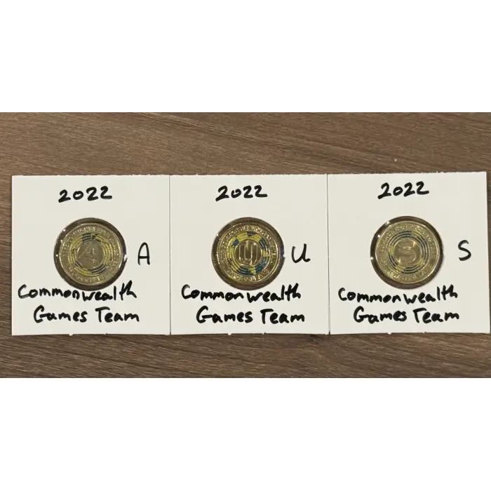 CIRC Set of 3 $2 A,U,S 2022 Commonwealth Games team coins, with slight rotation.