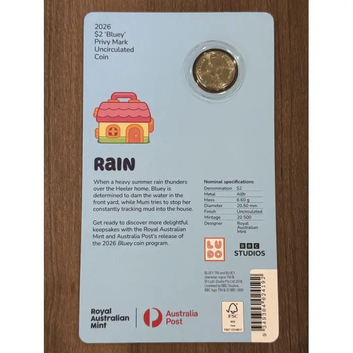 2026 $2 Privy Mark Uncirculated Coin in Card – Bluey – Rain