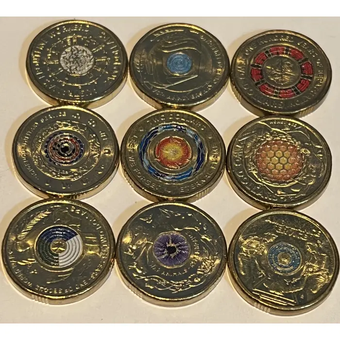 9 Coloured circulated $2 coins. Sold as set