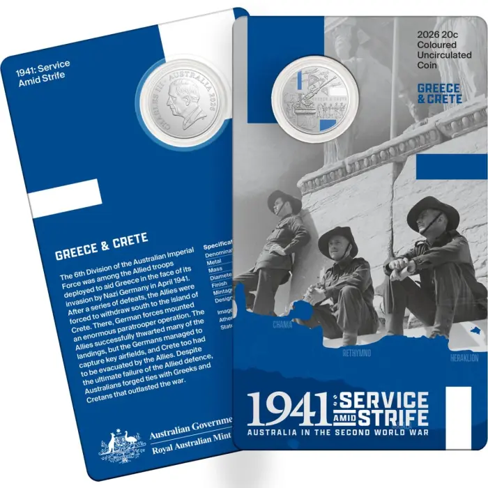 2026 20 cent Coloured - 1941 Service & Strife - Australia in the Second World War - Greece & Crete Single Coin on Card